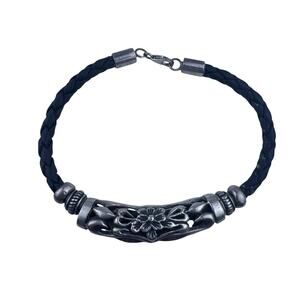 Floral Flowers Braided Leather Sterling Silver Bracelet 8"